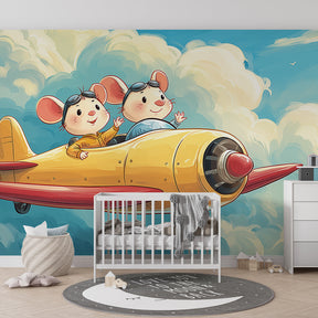 Whimsical pilot mice mural wallpaper with blue sky design in children's playroom