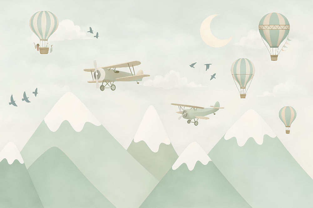 Detailed aviation mural wallpaper design pattern with planes and hot air balloons by Kids-Mundo