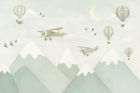 Detailed aviation mural wallpaper design pattern with planes and hot air balloons by Kids-Mundo