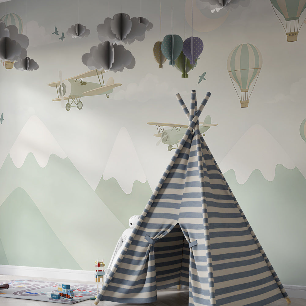 Planes and hot air balloons mural wallpaper transforming kids playroom into flight adventure