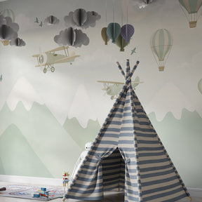 Planes and hot air balloons mural wallpaper transforming kids playroom into flight adventure