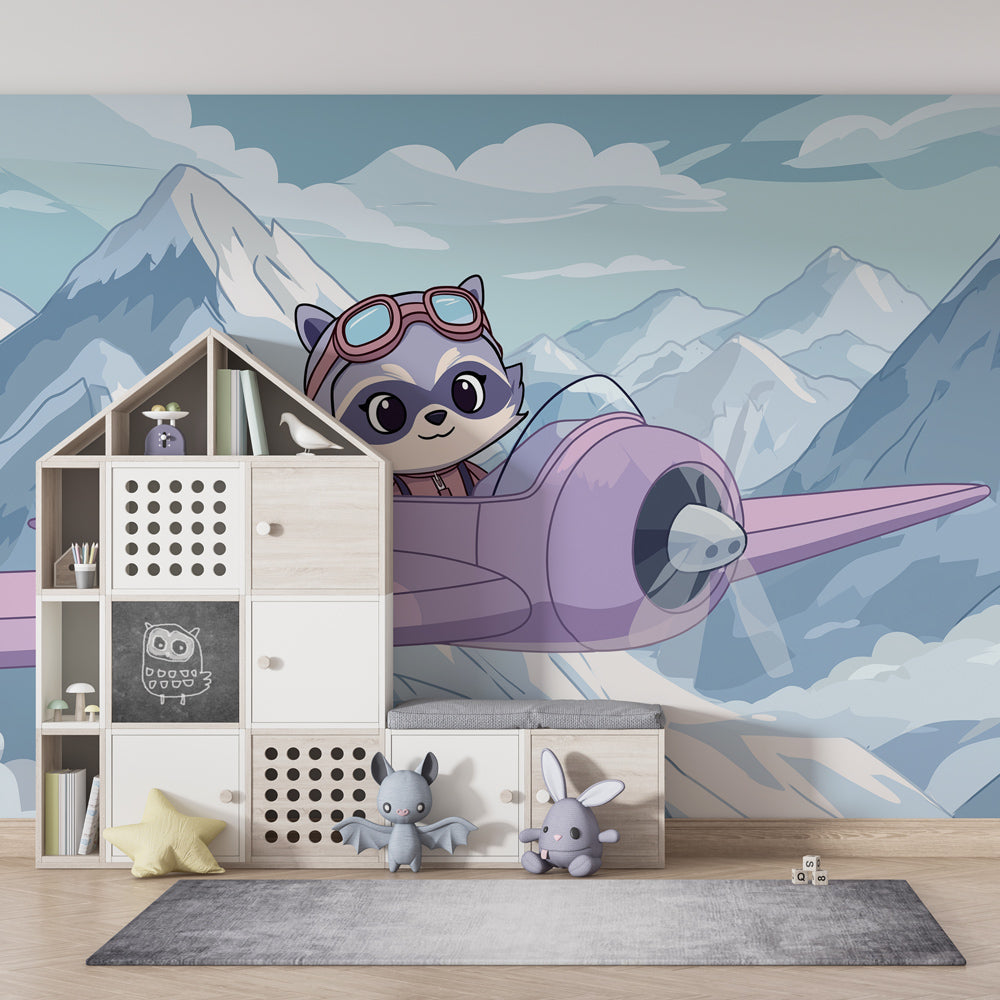 Mountain adventure raccoon wallpaper creating inspiring playroom atmosphere by Kids-Mundo