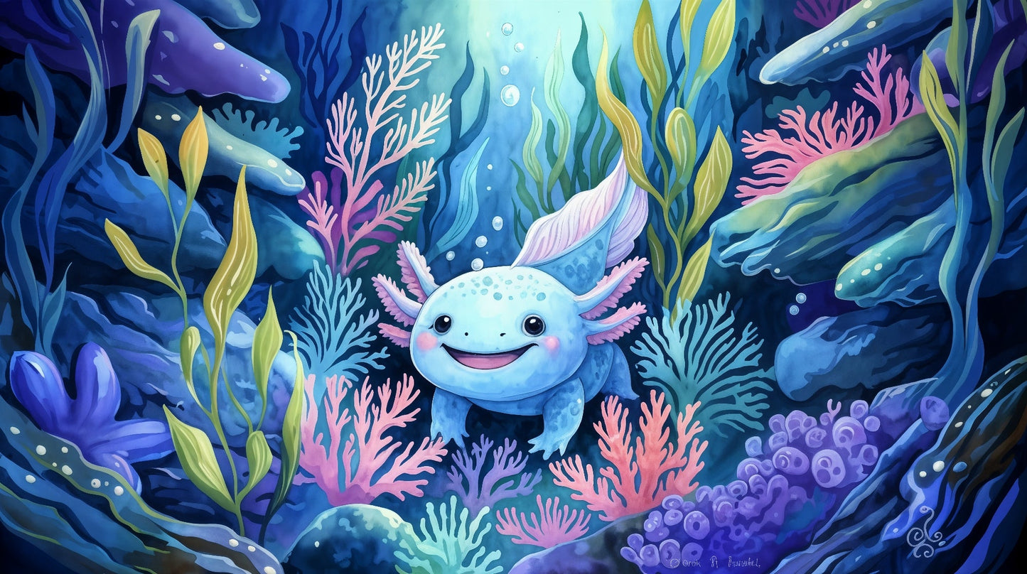 Flat artwork of the Kids-Mundo axolotl and coral reef wall mural design in deep ocean blues