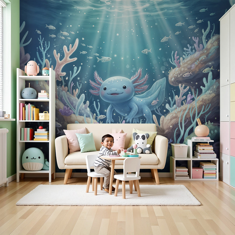Kids-Mundo axolotl and coral reef underwater wall mural in a bright nursery room