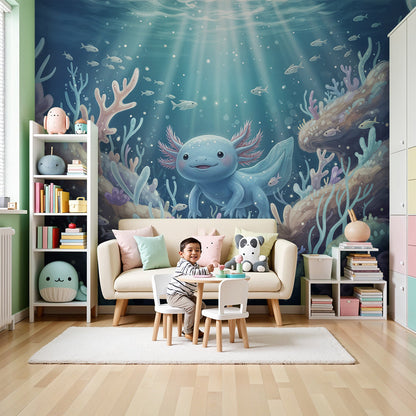Kids-Mundo axolotl and coral reef underwater wall mural in a bright nursery room
