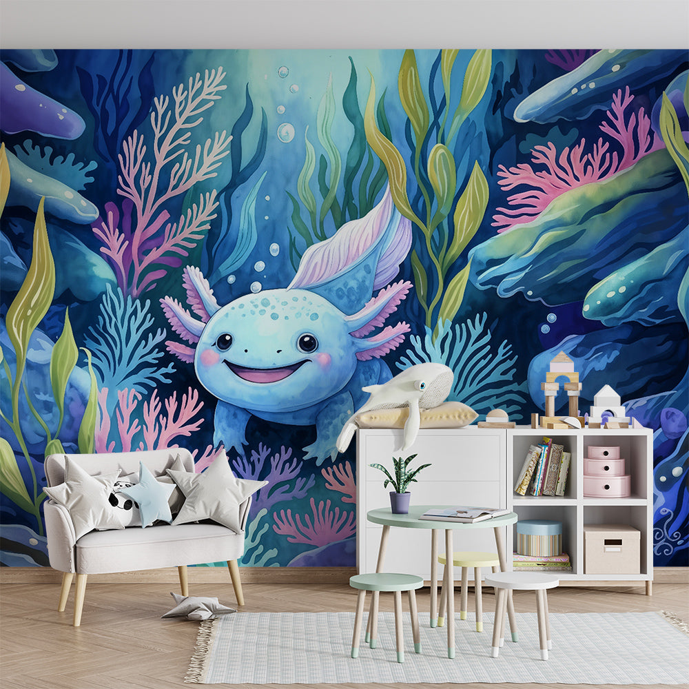 Kids-Mundo ocean wall mural bringing an axolotl reef adventure to a playroom wall