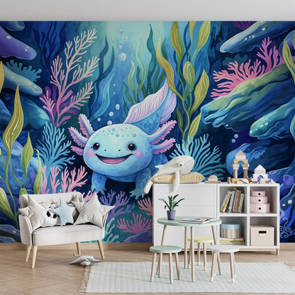 Kids-Mundo ocean wall mural bringing an axolotl reef adventure to a playroom wall