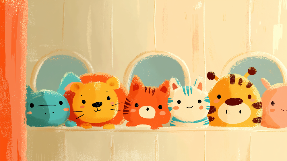 Kids-Mundo flat artwork of a row of cute baby animals peeking over a wooden shelf.