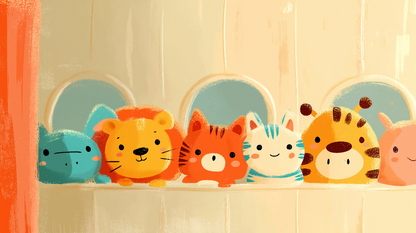 Kids-Mundo flat artwork of a row of cute baby animals peeking over a wooden shelf.