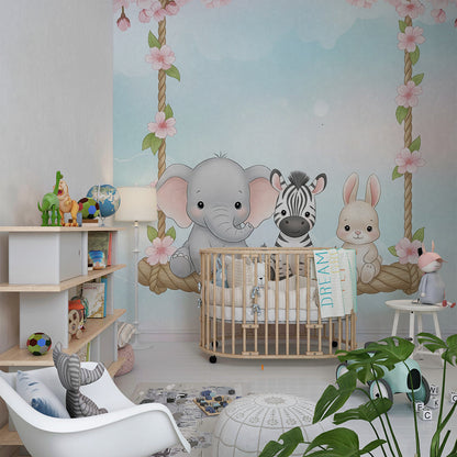 Kids-Mundo elephant zebra and bunny wall mural covering a feature wall in a bedroom