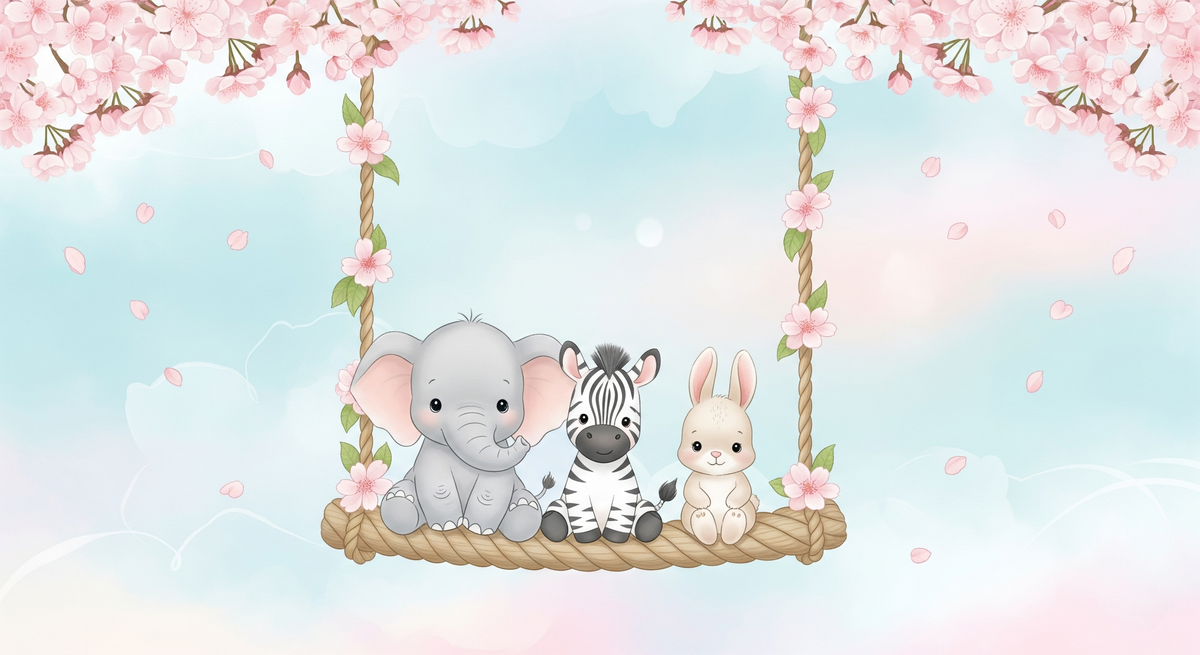 Baby Animals on a Cherry Blossom Swing Wall Mural