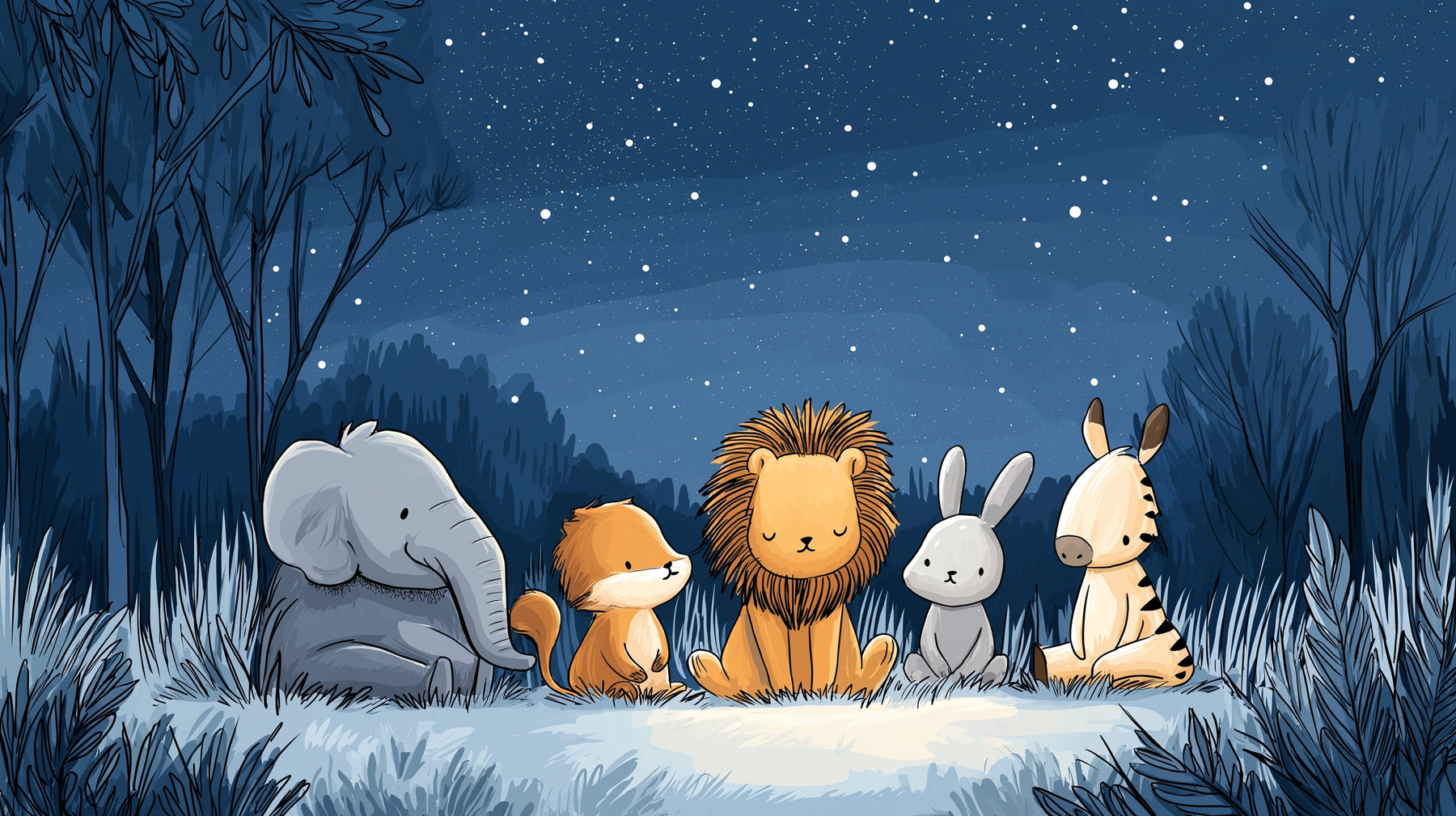 Detailed baby safari animals mural wallpaper design pattern with starry sky by Kids-Mundo