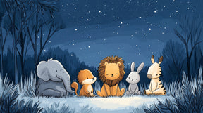 Detailed baby safari animals mural wallpaper design pattern with starry sky by Kids-Mundo