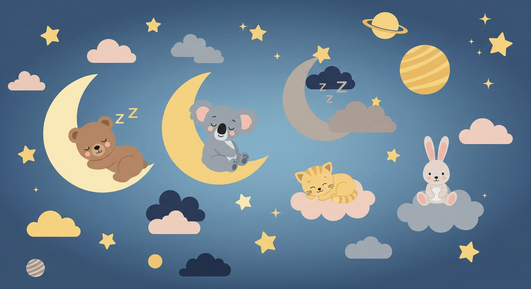 Baby animals starry night mural wallpaper design pattern with teddy bear koala kitten bunny by Kids-Mundo