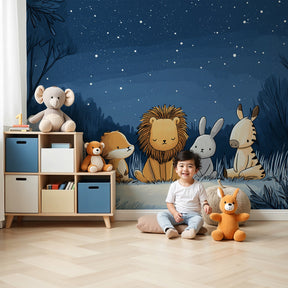 Baby animals safari mural wallpaper in peaceful nursery with natural wood crib by Kids-Mundo