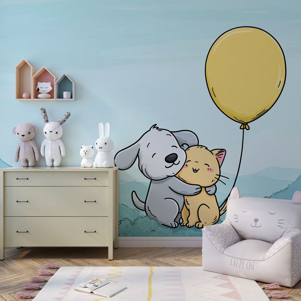 Gentle baby animals wallpaper transforming nursery space with soft colors and balloon design