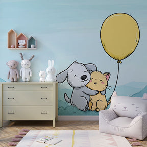 Gentle baby animals wallpaper transforming nursery space with soft colors and balloon design
