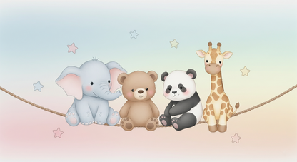 Flat artwork preview of the Kids-Mundo baby animals on a pastel tightrope mural design