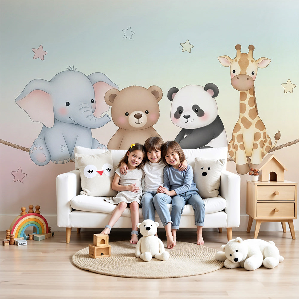 Pastel animal tightrope wall mural by Kids-Mundo behind a cot in a rainbow nursery