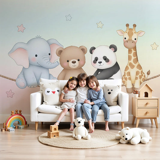 Pastel animal tightrope wall mural by Kids-Mundo behind a cot in a rainbow nursery