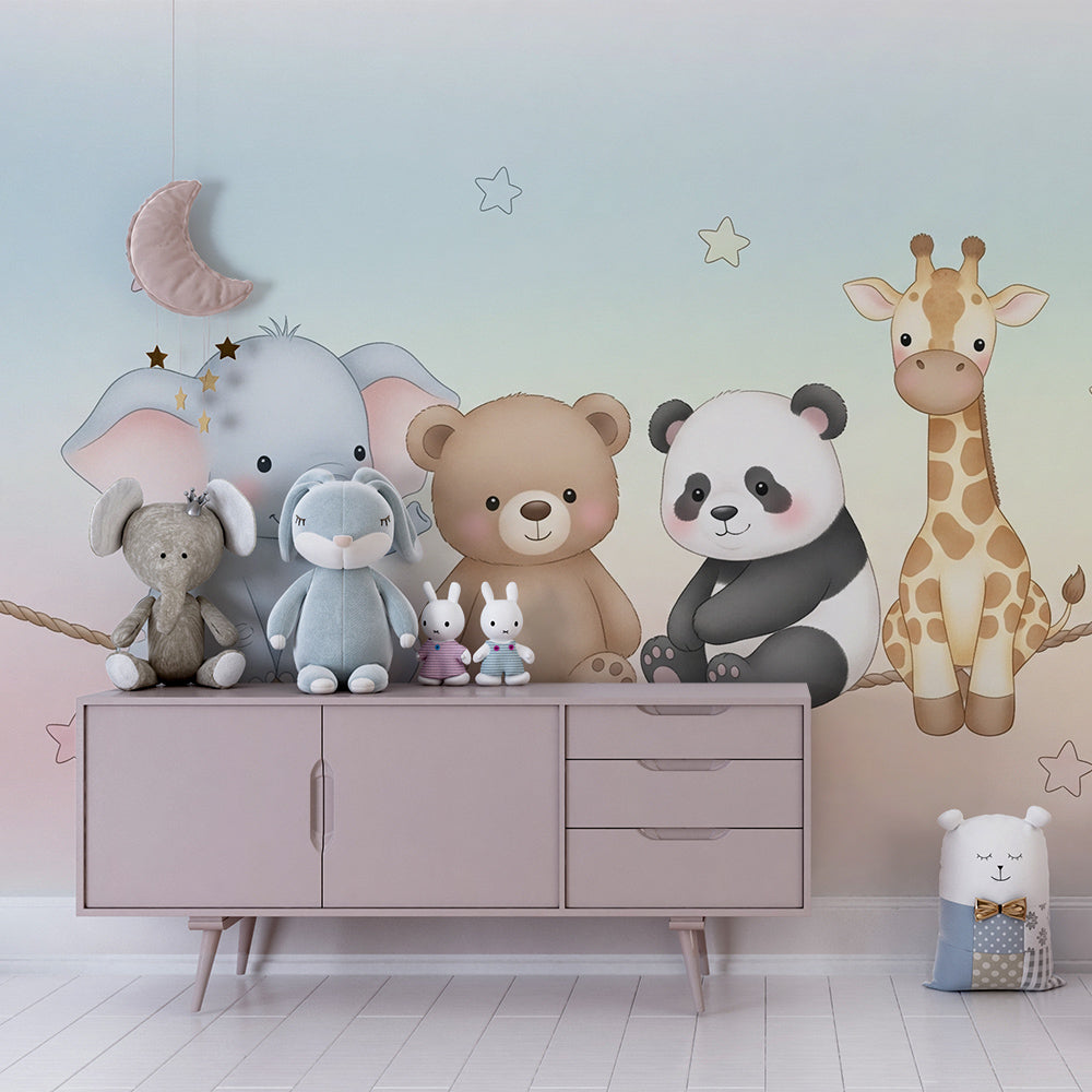 Animal tightrope wall mural from Kids-Mundo brightening a colourful playroom corner