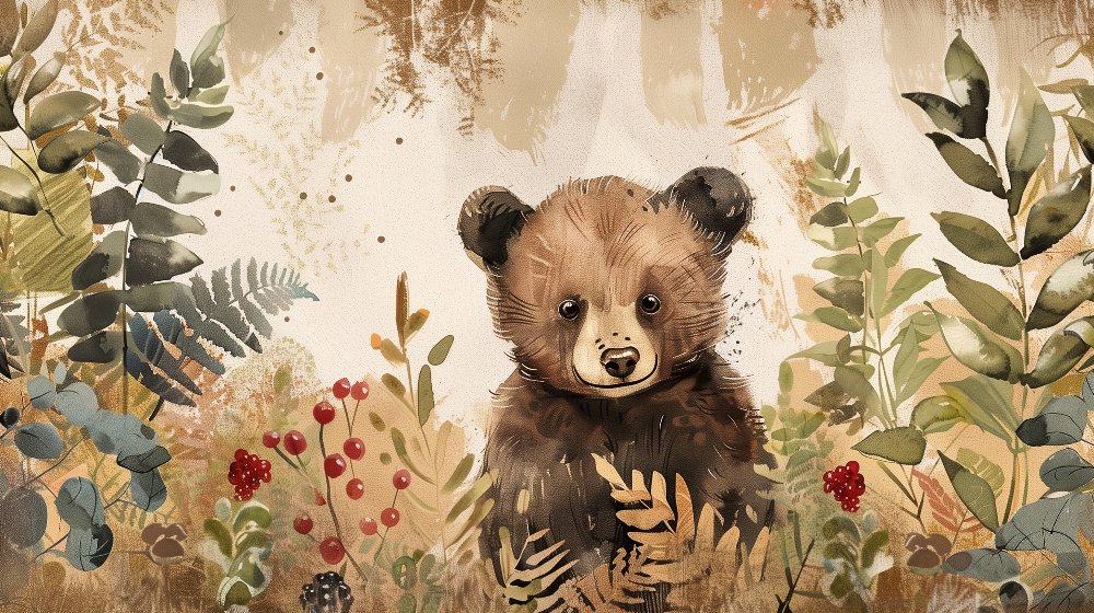 Kids-Mundo flat artwork design for the baby bear cub forest wall mural scene