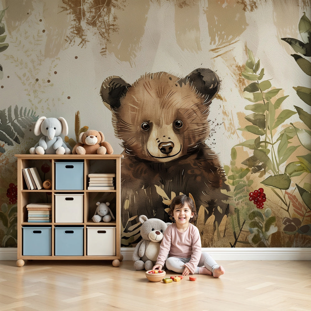 Kids-Mundo baby bear cub forest wall mural styled in a warm baby nursery