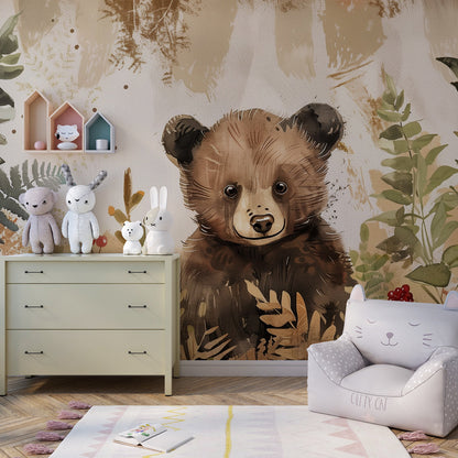 Kids-Mundo bear cub forest mural bringing woodland charm to a playroom wall