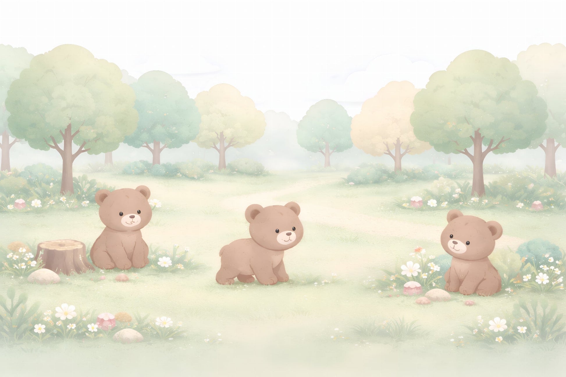 Kids-Mundo flat artwork of three baby bear cubs wandering a soft pastel forest clearing