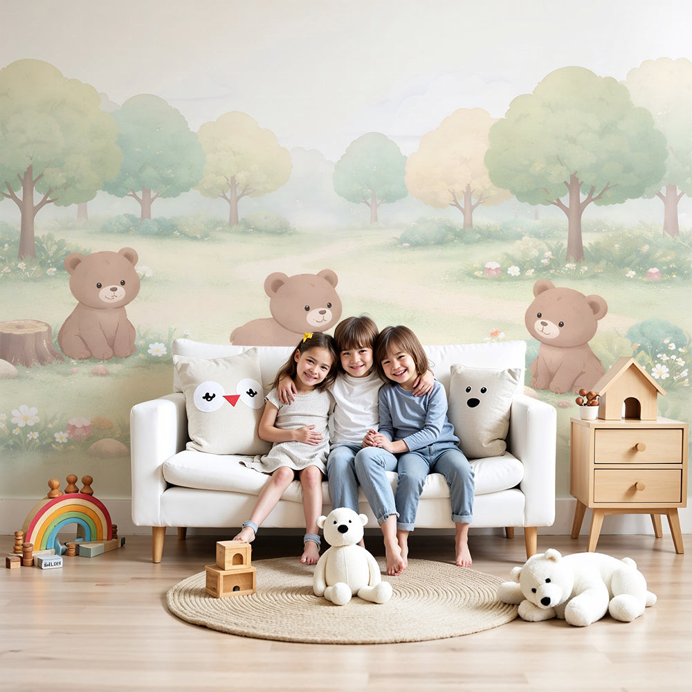 Kids-Mundo baby bear cubs wall mural styled above a cot in a soft green nursery
