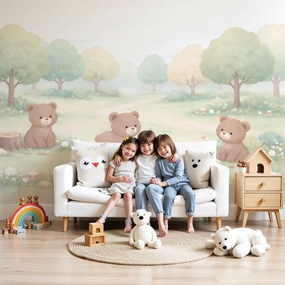 Kids-Mundo baby bear cubs wall mural styled above a cot in a soft green nursery