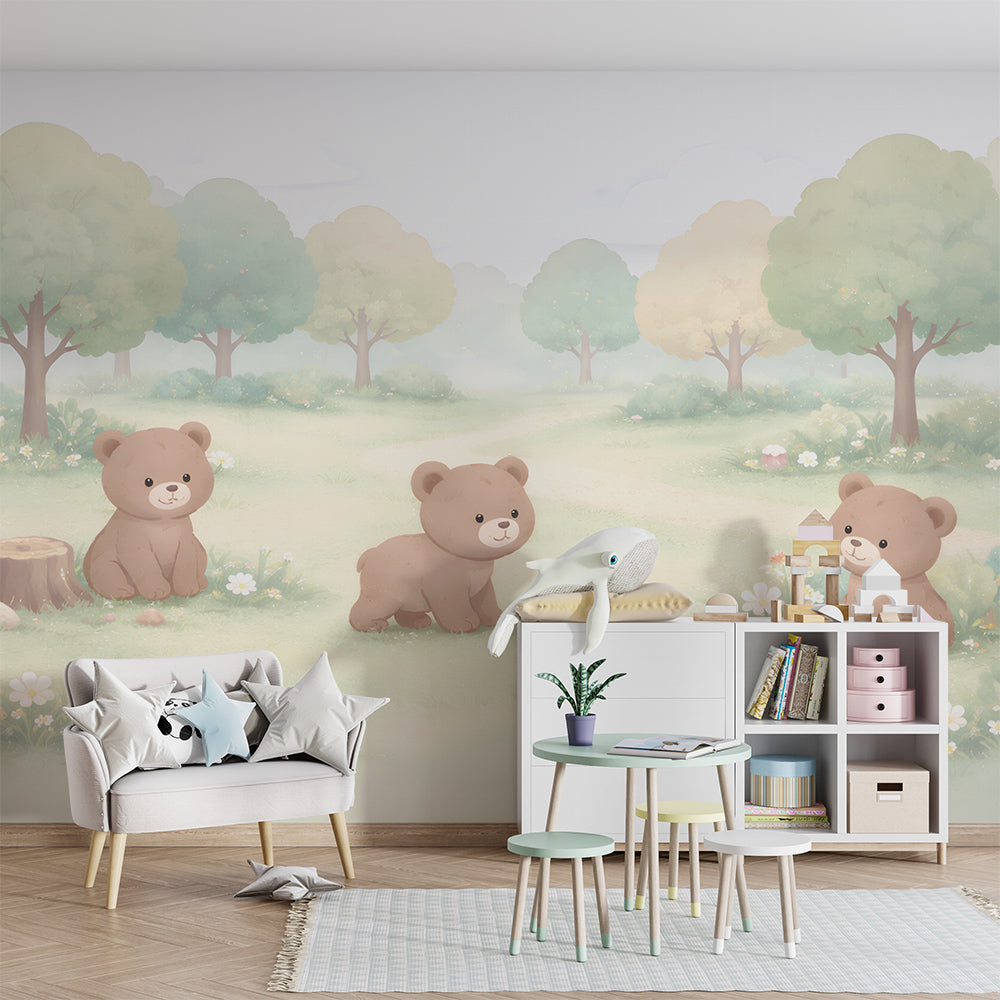 Kids-Mundo woodland bear cub wall mural set behind toy storage in a playroom
