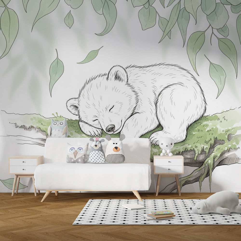 Nature-themed baby bear wallpaper creating calming atmosphere in children's bedroom