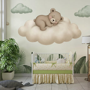 Gentle bear cloud wallpaper creating peaceful atmosphere above baby crib