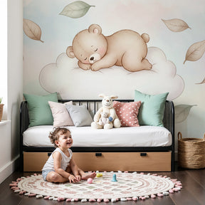 Detailed sleeping teddy bear on cloud mural wallpaper design pattern by Kids-Mundo