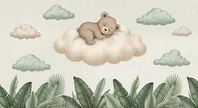 Detailed baby bear on cloud mural wallpaper design pattern with foliage by Kids-Mundo