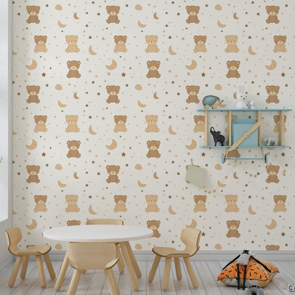 Gentle bear and star mural wallpaper for cozy toddler bedroom by Kids-Mundo