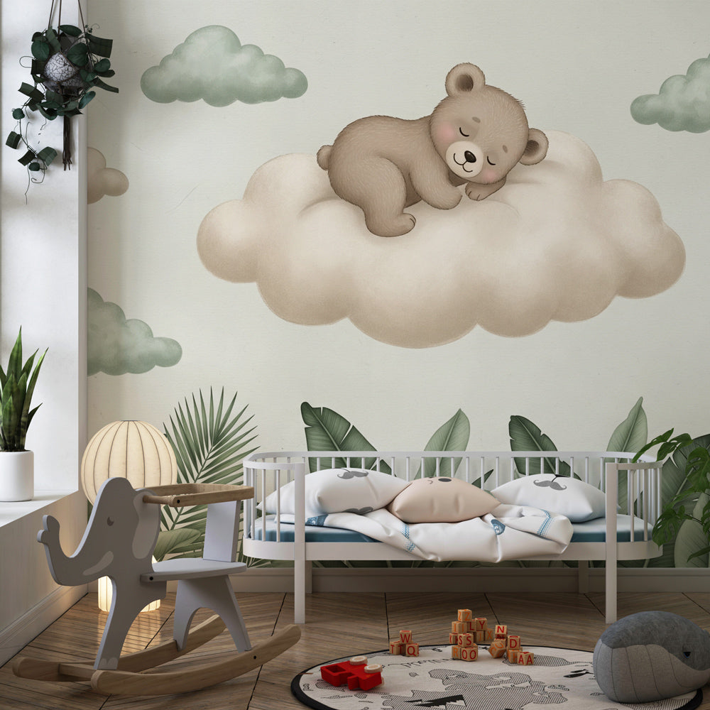 Dreamy bear mural wallpaper transforming toddler bedroom into magical sleep space