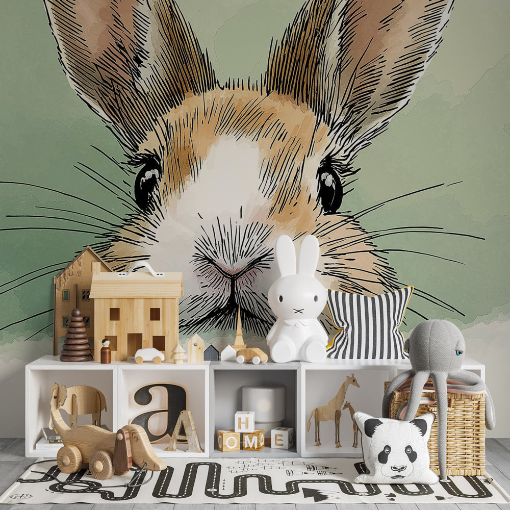 Curious rabbit wallpaper creating serene atmosphere in modern baby bedroom decor