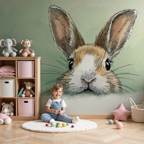 Baby bunny mural wallpaper in peaceful nursery setting with soft pastel green background by Kids-Mundo