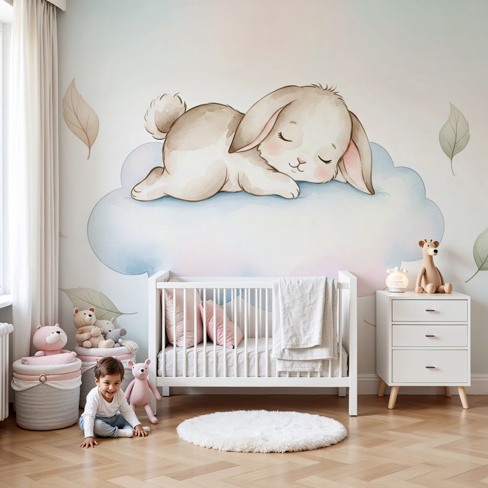 Baby bunny mural wallpaper creating peaceful nursery atmosphere with sleeping rabbit design by Kids-Mundo