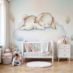 Baby bunny mural wallpaper creating peaceful nursery atmosphere with sleeping rabbit design by Kids-Mundo