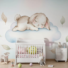 Gentle baby bunny wallpaper with pastel clouds creating serene toddler bedroom decor by Kids-Mundo