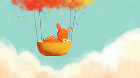 Detailed baby deer mural wallpaper design pattern showing sleeping fawn in basket among clouds by Kids-Mundo