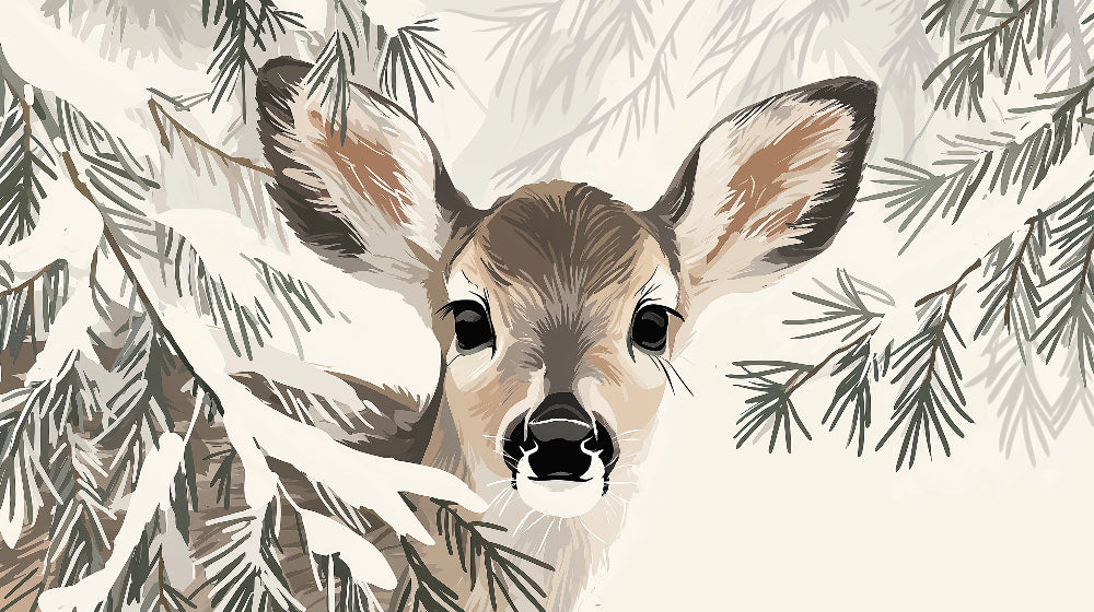 Detailed baby deer mural wallpaper design pattern showing winter forest fawn by Kids-Mundo
