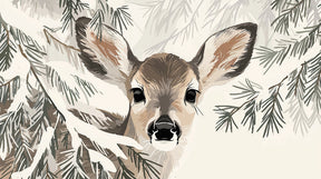 Detailed baby deer mural wallpaper design pattern showing winter forest fawn by Kids-Mundo
