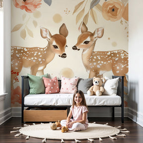 Baby deer mural wallpaper with floral design in elegant nursery setting by Kids-Mundo