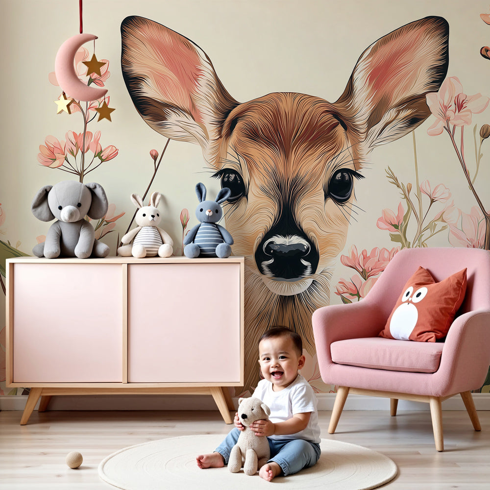 Baby deer mural wallpaper with gentle fawn in soft pastel nursery by Kids-Mundo