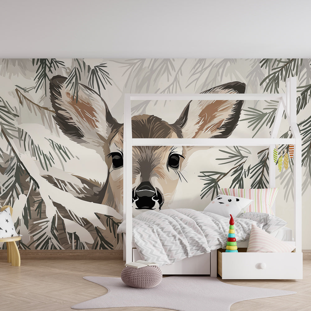 Serene baby room with deer mural wallpaper creating calming forest atmosphere for children