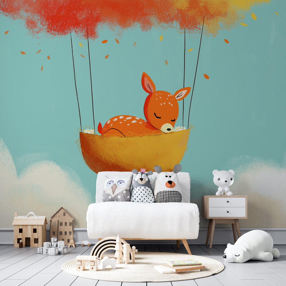 Dreamy baby deer wallpaper in soft blue tones for peaceful toddler bedroom decor
